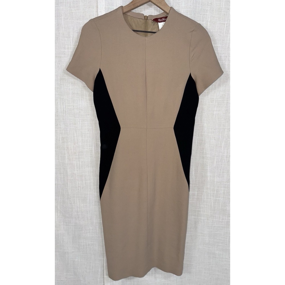 Vtg MaxMara Max Mara Women's‎ 8 Wool Dress Colorblock Tan Black Short Sleeve